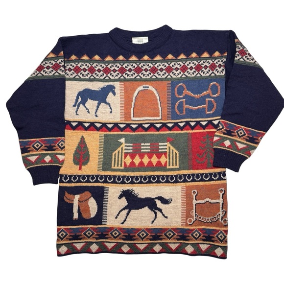 90s Vintage Concept Knitwear British Wool Western Equestrian Knit Sweater WMNS M